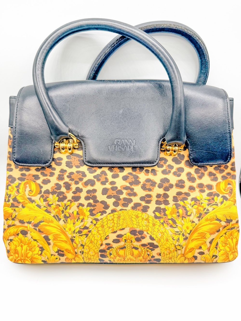 Versace Black Leather Top-Handle Satchel with Yellow Baroque & Leopard Print